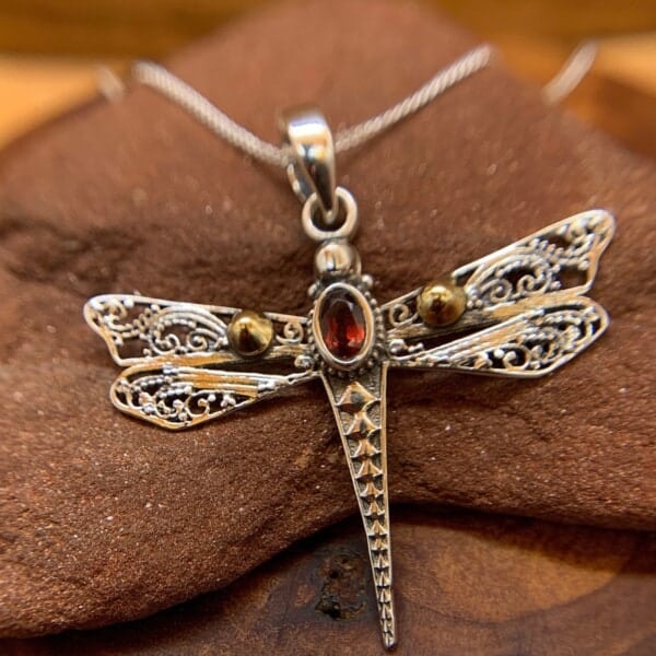 Royal Mile Silver - Dragonfly garnet pendant sterling silver and brass