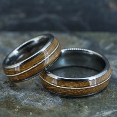 royal mile silver-whisky barrel wood and guitar string inlay tungsten ring-stack of 2
